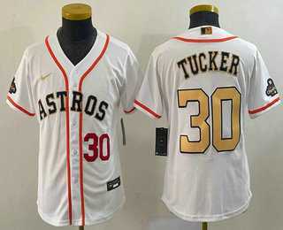 Youth Houston Astros #30 Kyle Tucker Number 2023 White Gold World Serise Champions Patch Cool Base Stitched Jersey->mlb youth jerseys->MLB Jersey